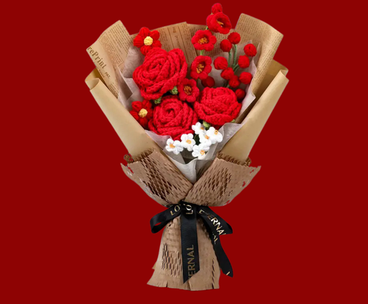 Romantic Valentine’s Gift for Her - with Pink Cozy Blanket and Crochet Rose Bouquet
