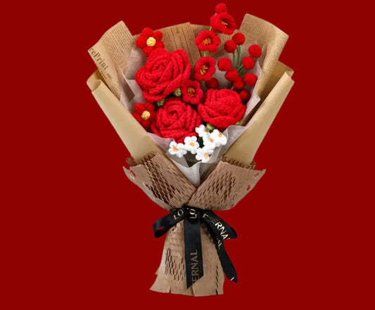 Romantic Valentine’s Gift for Her - with Pink Cozy Blanket and Crochet Rose Bouquet Basketful Gifts