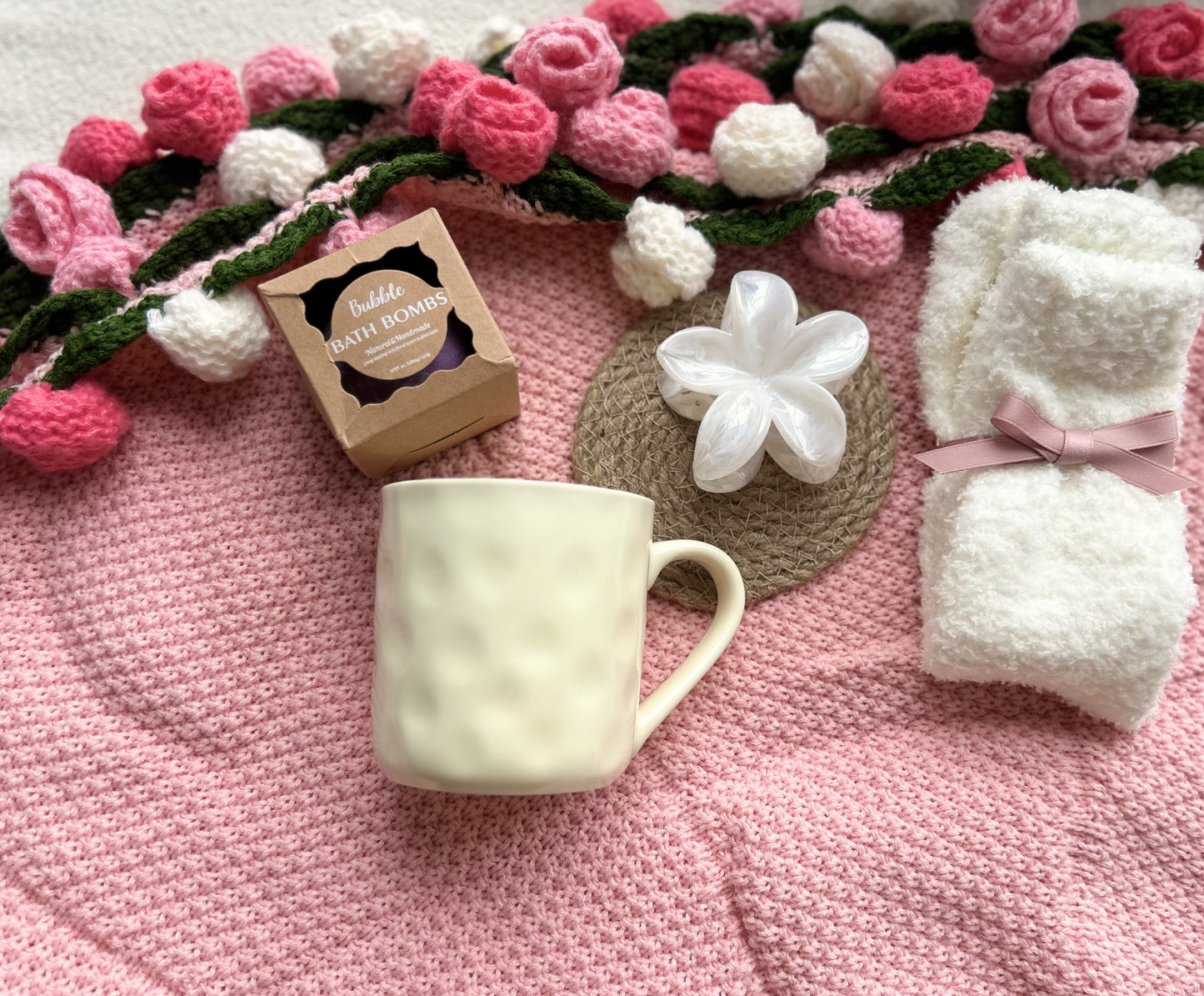 Crochet Bouquet Blanket Gift Basket Set – Handmade Floral Bouquet Blanket with Care Essentials