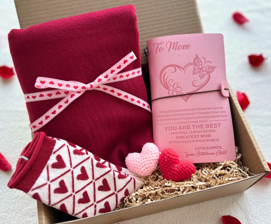 Romantic Valentine’s Gift Box for Mom/Wife/Daughter – Cozy Scarf, Journal & Crochet Hearts Basketful Gifts