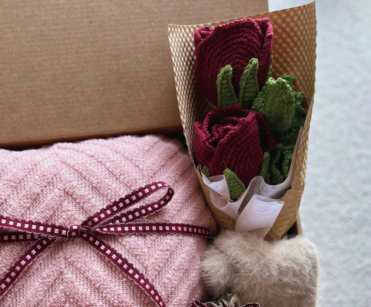 Pink Birthday Baskets with Cozy Blanket & Crochet Bouquet (Roses) Basketful Gifts