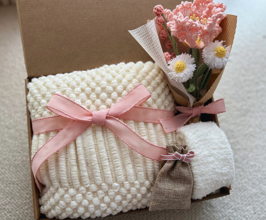Pink Birthday Baskets with Cozy Blanket & Crochet Bouquet (Crepe-myrtle) Basketful Gifts