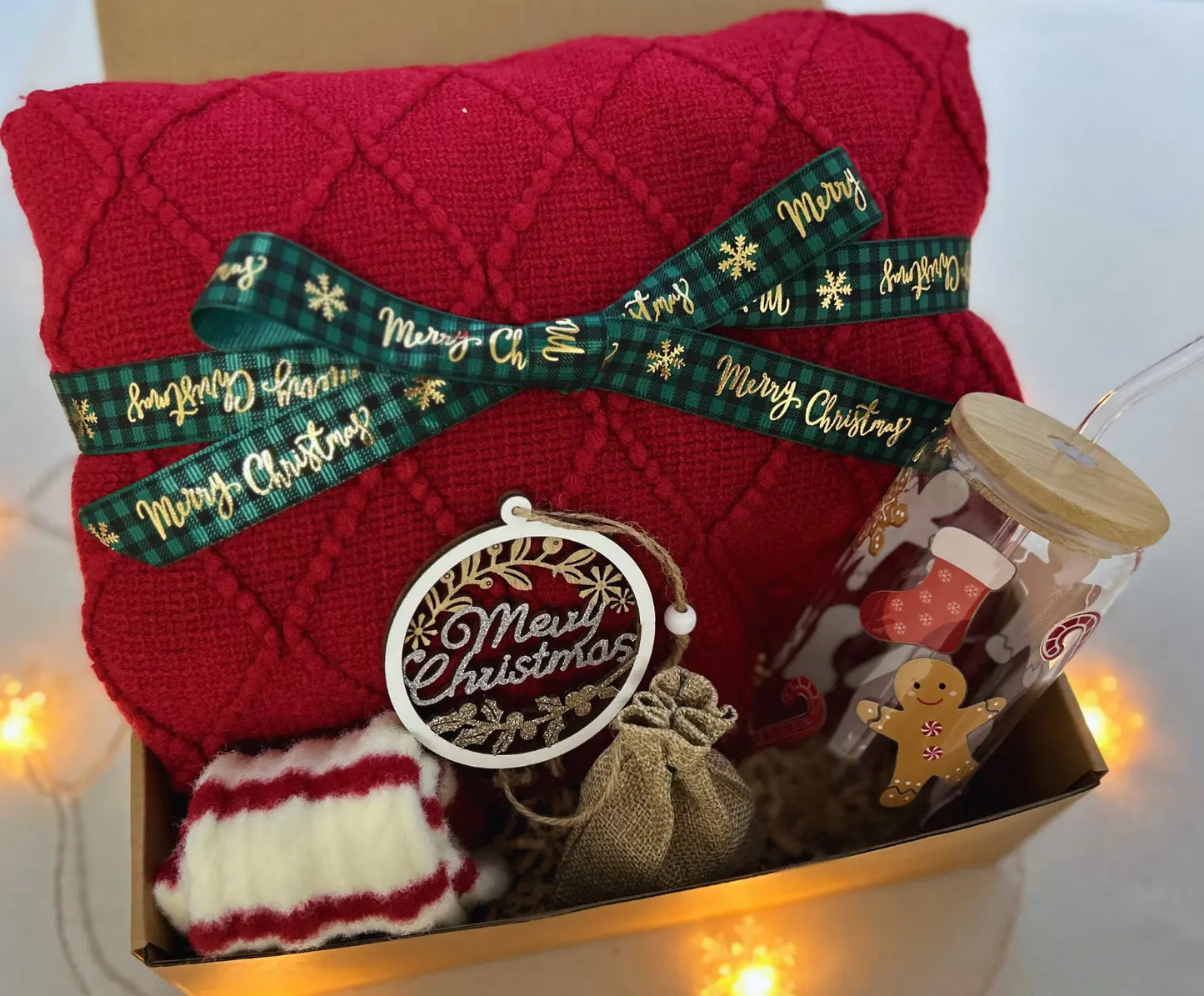 Christmas Gift Baskets with Burgundy Cozy Blanket and Festive Gingerbread Mug Basketful Gifts