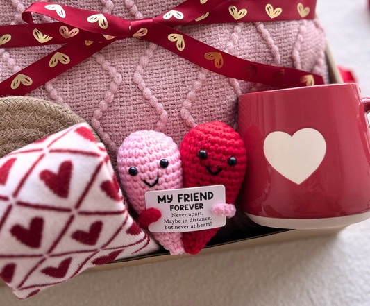 Galentine’s Day Gift Basket for Best Friend – Cozy Blanket, Heart Mug, Socks & Crochet Heart Basketful Gifts