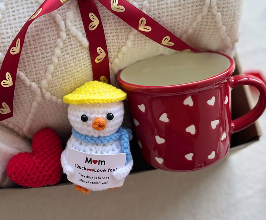 Valentine’s Day Gift Box for Mom – Cozy Knit Blanket, Heart Mug, Socks & Crochet Duck Basketful Gifts