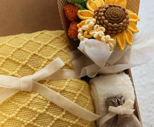Sunflower Gifts for Women-Cozy Blanket and Sunflower Crochet Bouquet Basketful Gifts