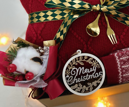 Christmas Gift Baskets for Her with Burgundy Blanket and Reindeer Wool Socks Basketful Gifts