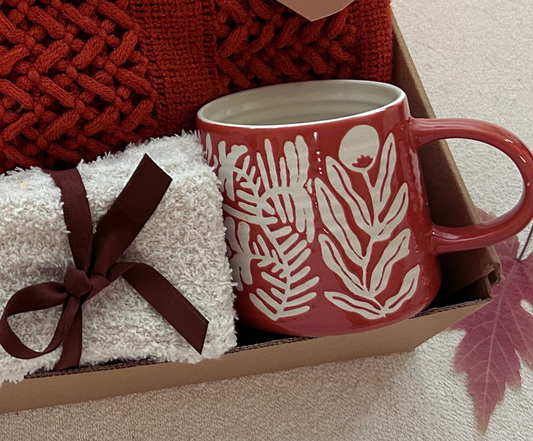 Cozy Care Package with Crochet Blanket Ceramic Mug Fall Theme Gift