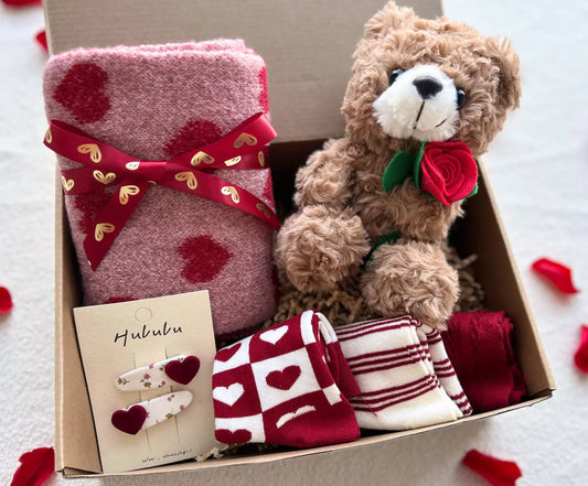 Cute Valentine Gift for Kids/Girls – Teddy Bear, Comfy Scarf & Heart Socks Basketful Gifts