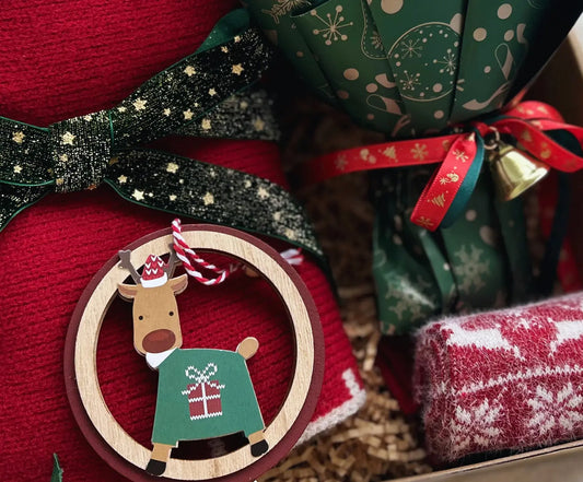 Reindeer Theme Christmas Gift Box with Knit Scarf and Crochet Bouquet Basketful Gifts