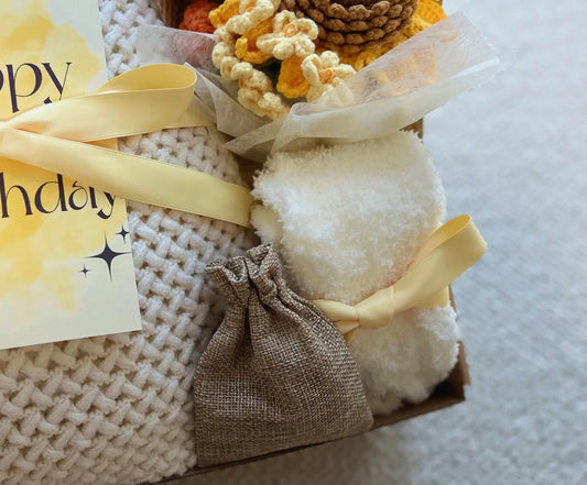 Happy Birthday Gift Basket for Her with Cozy Blanket and Crochet Sunflower Bouquet Basketful Gifts