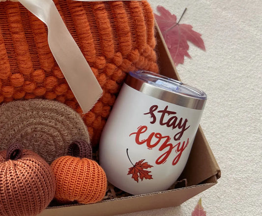 Stay Cozy Care Package with Blanket and Stainless Tumbler Basketful Gifts
