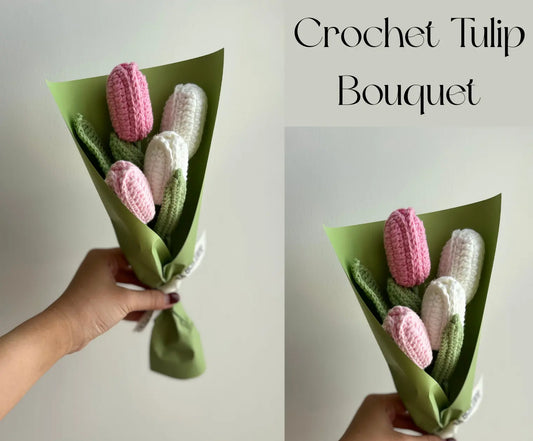 Birthday Baskets for Her-Pink Blanket and Pink Crochet Tulip Bouquet Basketful Gifts