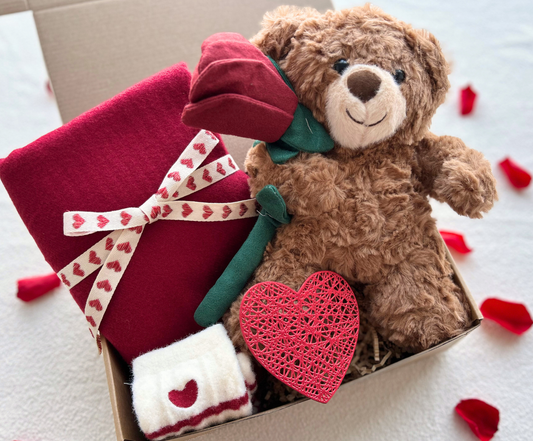 A Warm Hug in a Box – Teddy Bear, Red Scarf, Heart Socks & Valentine Keepsake Basketful Gifts