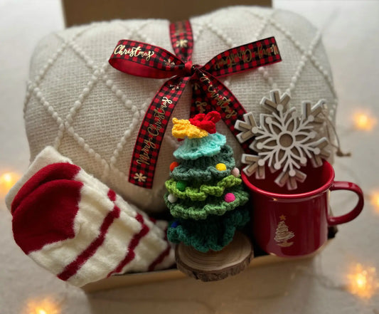 Chritmas Gift Box with Crochet Santa & Cozy Blanket Basketful Gifts