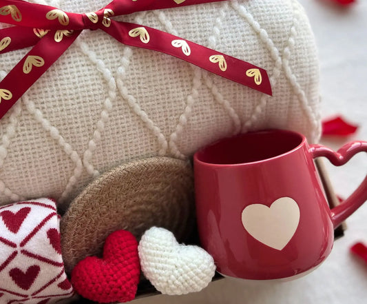 Cozy Customized Valentine Gifts – White Knit Blanket, Heart Mug, Socks & Crochet Hearts Basketful Gifts