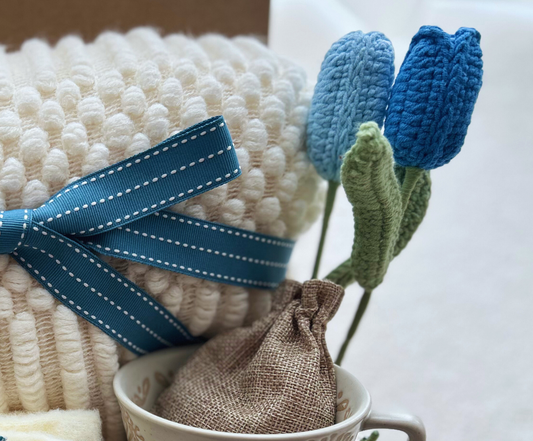 Aesthetic Gift Basket for Women with Crochet Tulip and Cozy Blanket Basketful Gifts