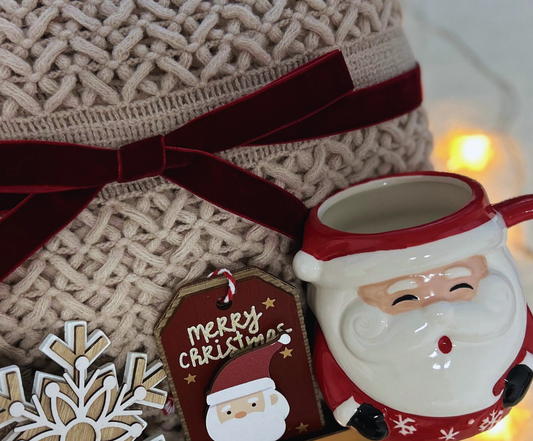 Christmas Gift Basket with Toasted Almond Color Blanket and Santa Mug