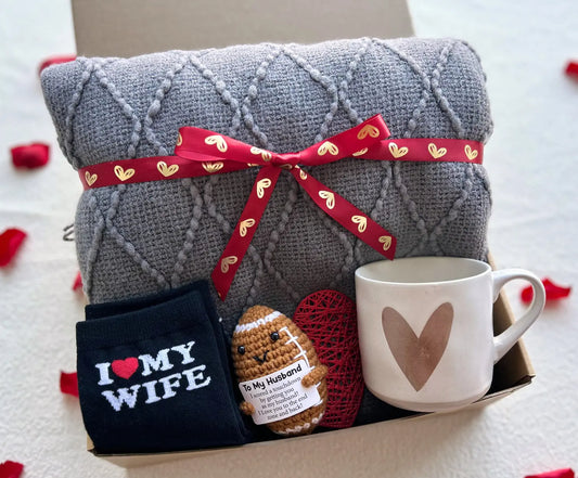 Romantic Valentine Gift for Husband(Game Lovers/Sports Lovers) – Knit Blanket, Mug & Cozy Accessories Basketful Gifts