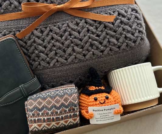 Cozy Care Package for Him with Blanket & Crochet Emotional Support Pumpkin Basketful Gifts