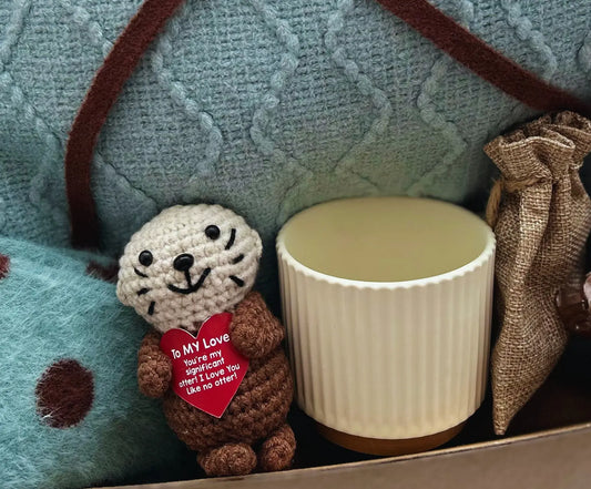 Blue Care Package for Friends & Family with Blue Blanket and Cute Crochet Otter Basketful Gifts