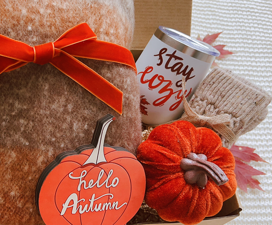 Stay Cozy Fall Gift Basket – Sherpa Blanket, Tumbler & Autumn Decor for Her Basketful Gifts