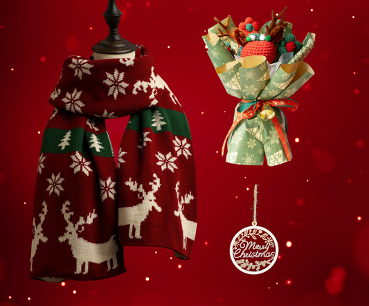 Christmas Gift Baskets with Reindeer Scarf and Crochet Bouquet Basketful Gifts
