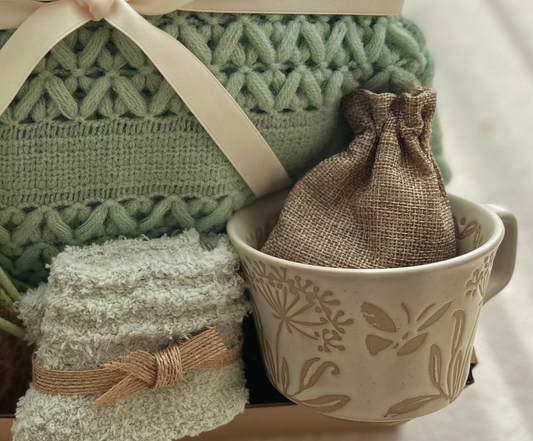 Sage Green Aesthetic Gift Basket for Women with Soft Throw and Crochet Tulips Basketful Gifts