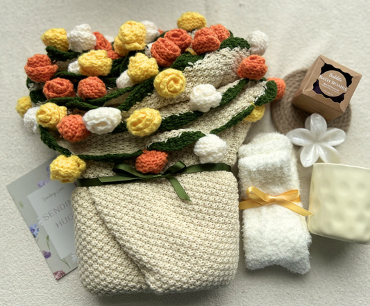 Thinking Of You Gift Basket Set – Handmade Floral Bouquet Blanket with Care Essentials