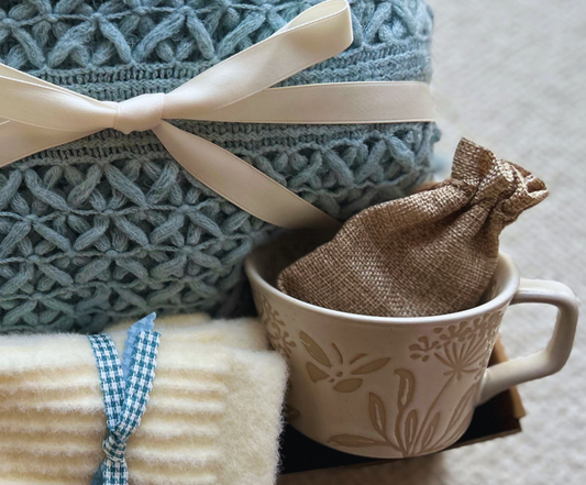 Birthday Baskets with Blue Boho Blanket and Mug Basketful Gifts