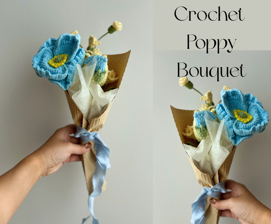 Birthday Gift Basket for Her with Blue Cozy Blanket and Crochet Bouquet ( Blue Poppy) Basketful Gifts