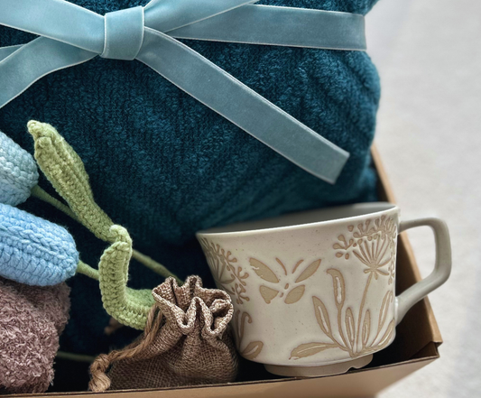 Dark Blue Care Package for Women with Crochect Tulip and Cozy Blanket Basketful Gifts