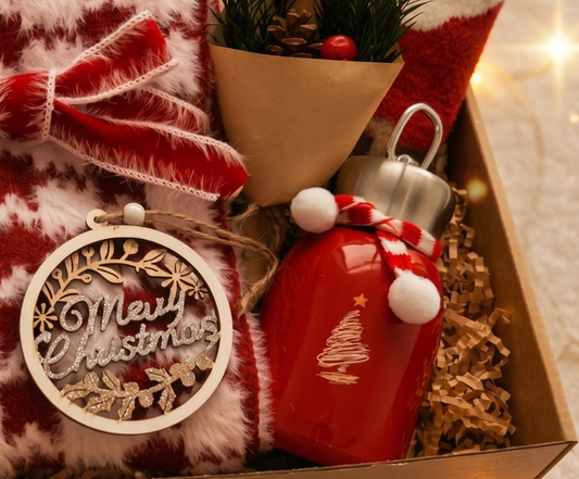 Merry & Bright Christmas Gift Box for Her – Scarf, Santa Socks, Tumbler & Wood Ornament Basketful Gifts