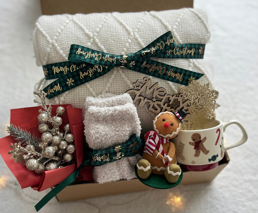 Gingerbread Charm Christmas Gift Basket – Blanket, Gingerbread Toy, Mug & Mini Bouquet for Him or Her Basketful Gifts