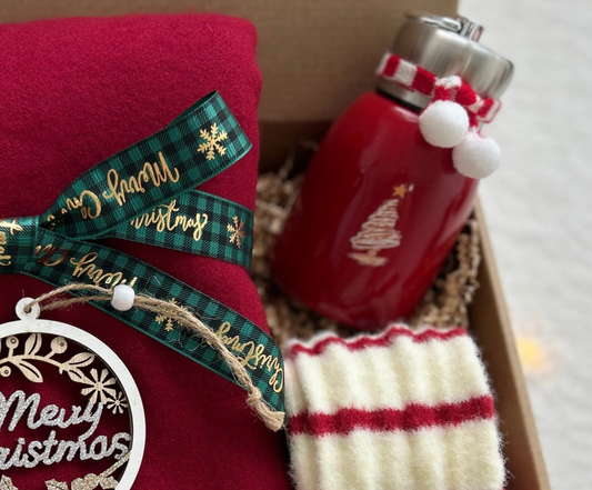Wrapped in Red Christmas Gifts -- Chritmas Tumbler & Festive Wrap Basketful Gifts