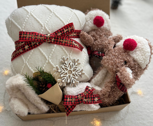 Warm & Toasty Christmas Gift Basket – Red Knit Blanket & Cozy Slippers Basketful Gifts