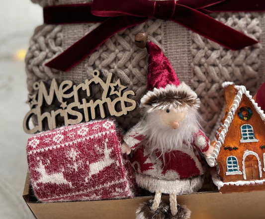 With Love Christmas Gift Basket for Mom & Grandma – Cozy Blanket, Plush Santa & Light-Up Cabin Basketful Gifts
