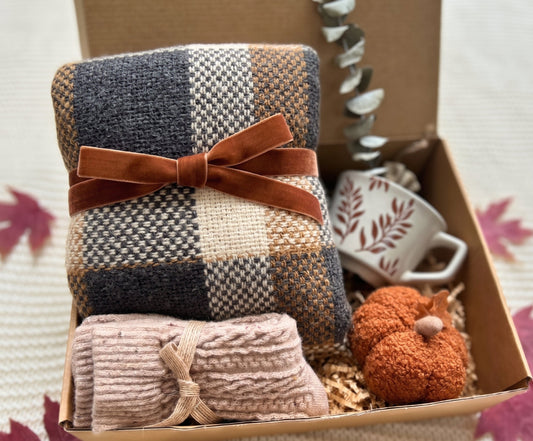 Plaid Fall Gift Basket – Cozy Scarf with Crochet Bouquet or Botanical Mug Basketful Gifts