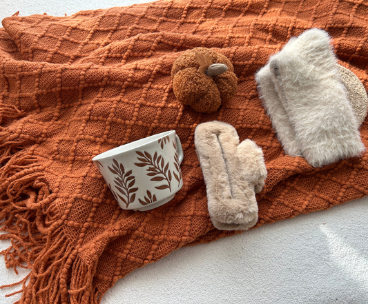 Fall Season Care Package Basket for Women with Thick Blanket & Faux Fur Socks