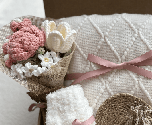 Care Package Gift Basket for Women with Crochet Flower Bouquet, Blanket and Care Essentials - Basketful Gifts