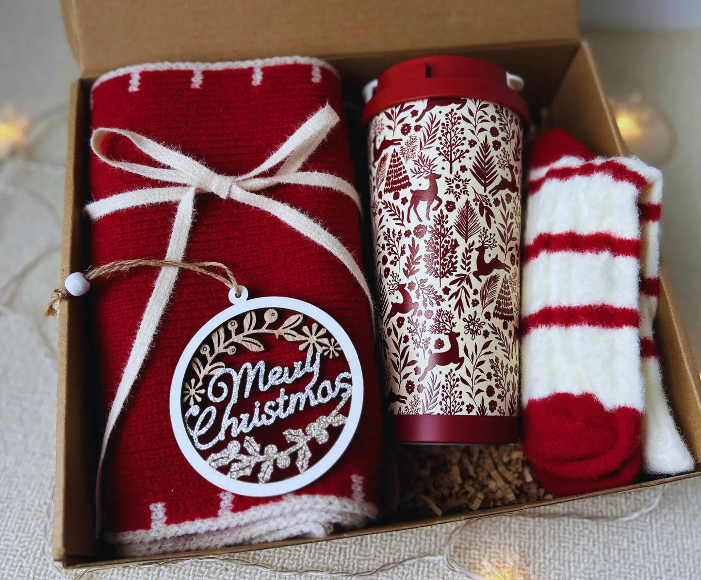 Christmas Hygge Gift - Cozy Festive Scarf & Holiday Socks Set - Basketful Gifts