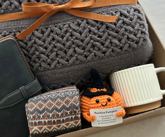 Cozy Care Package for Him with Blanket & Crochet Emotional Support Pumpkin - Basketful Gifts