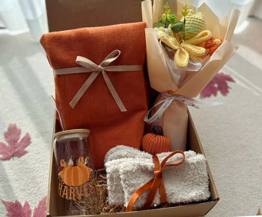 Cozy Care Package with Burnt Orange Wrap Crochet Bouquet - Basketful Gifts