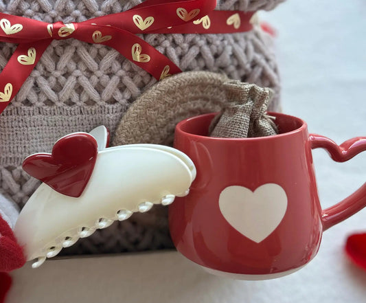 Cozy Valentine’s Day Gift Box for Her – Knit Blanket, Heart Socks & Keepsake Mug - Basketful Gifts