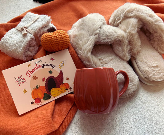 Fall Vibe Care Package with Burnt Orange Wrap and Cozy Fluffy Slipper - Basketful Gifts