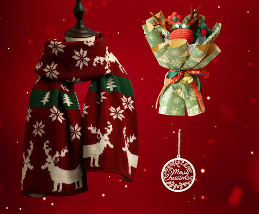 Gifts for Fiance at Christmas - Reindeer Scarf & Crochet Bouquet - Basketful Gifts