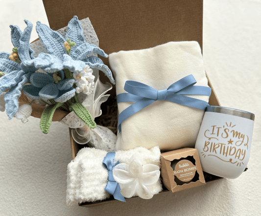 Happy Birthday Gift Baskets for Her – Blue Spa Gift Box with Birthday tumbler, Bath Bombs, Cozy Socks & Flower Bouquet
