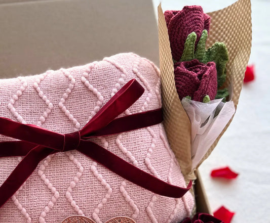 Romantic Pink Valentine's Day Gift Basket-Knit Blanket, Crochet Roses, Heart Socks & Cozy Accessories - Basketful Gifts