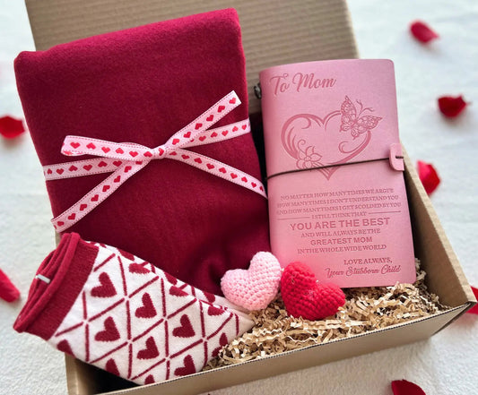 Romantic Valentine’s Gift Box for Wife/Daughter – Cozy Scarf, Journal & Crochet Hearts - Basketful Gifts