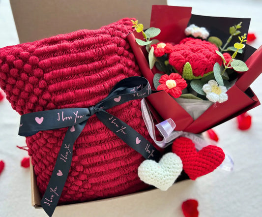 Romantic Valentine’s Gift for Her - with Red Cozy Blanket and Rose Bouquet - Basketful Gifts